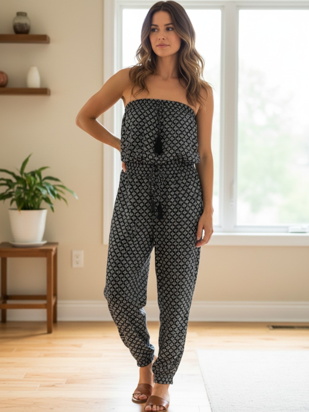 La Vie En Rose Strapless Printed Jumpsuit in Black and Cream